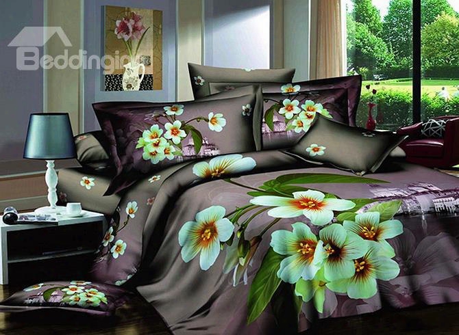 3d White Blossoms And Building Printed Cotton 4-piece Bedding Sets/duvet Covers