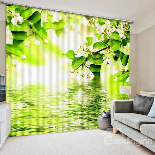 3d White Flowers And Gree Leaves Printed Natural Wonder Polyester Custom Curtain