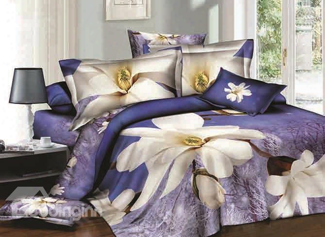 3d White Magnolia Printed Cotton 4-piece Blue Bedding Sets/duvet Covers