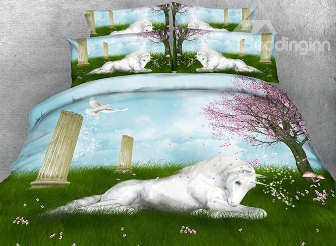 3d White Unicorn Crouching On Grass Printed 5-piece Comforter Sets
