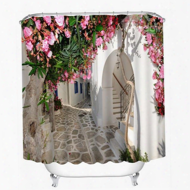 A Blooming Peach Tree In Fron Of The White Door Print 3d Shower Curtain