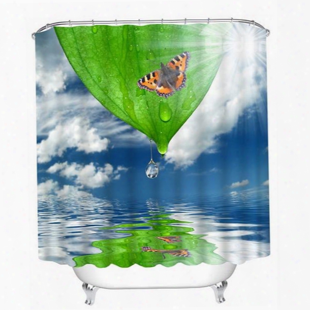 A Colorful Butterfly Setting On Dripping Green Leaf Print 3d Shower Curtain