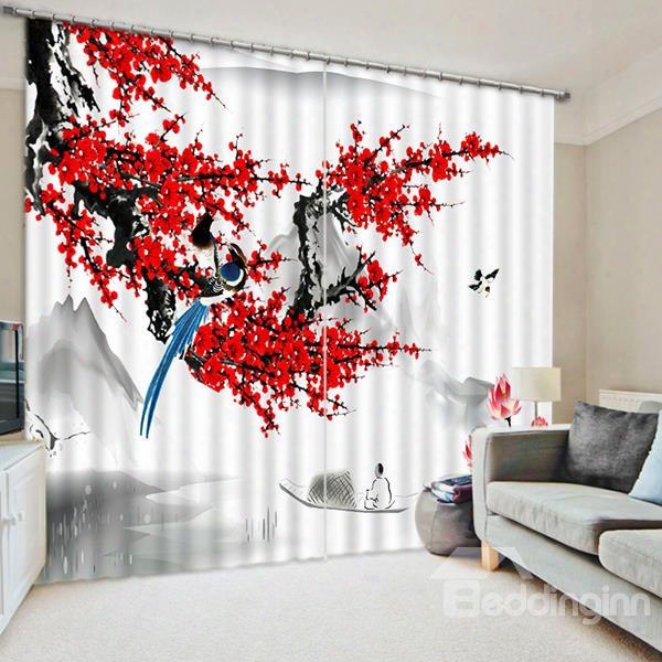 A Magpie Standing On The Red Plum Blossom Tree Printed Custom 3d Curtain