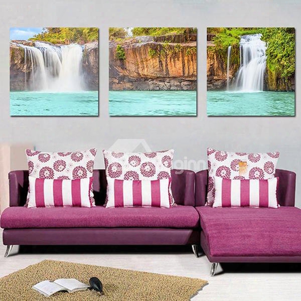 Amazing Natural Scenery Waterfall And Lake Hills 3-panel Canvas Wall Art Prints