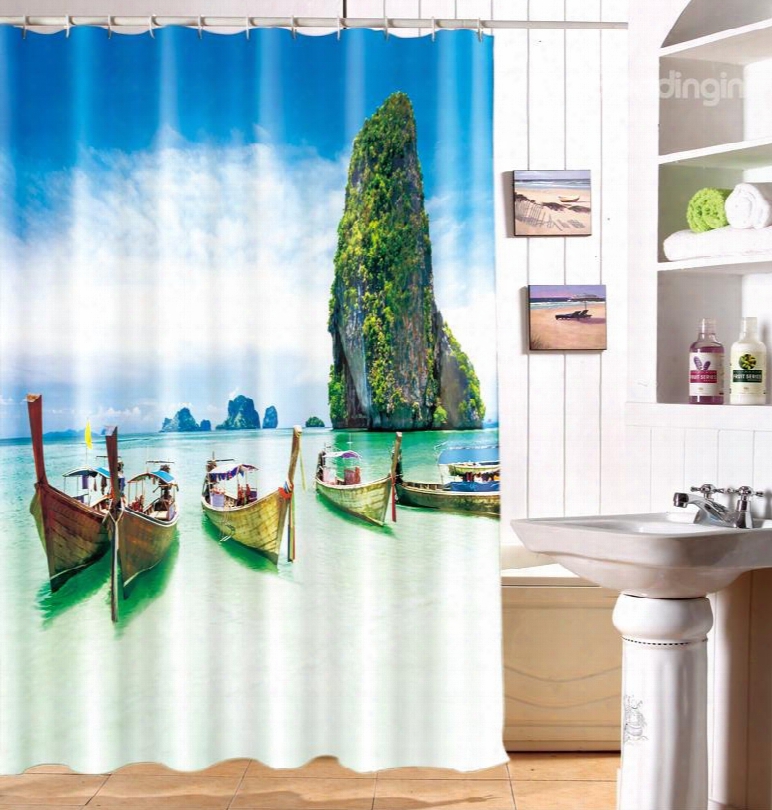 Attractvie Seaside Landscape Boat Harbour 100% Polyester Shower Curtain