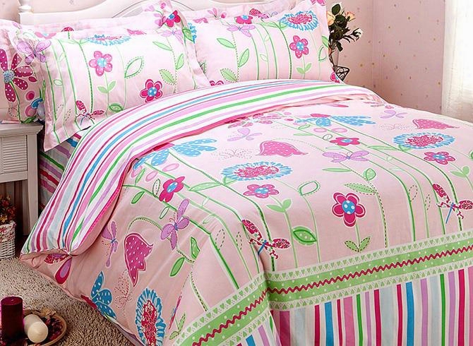 Beautiful Flower Pattern Cotton Kids 4-piece Duvet Cover Set