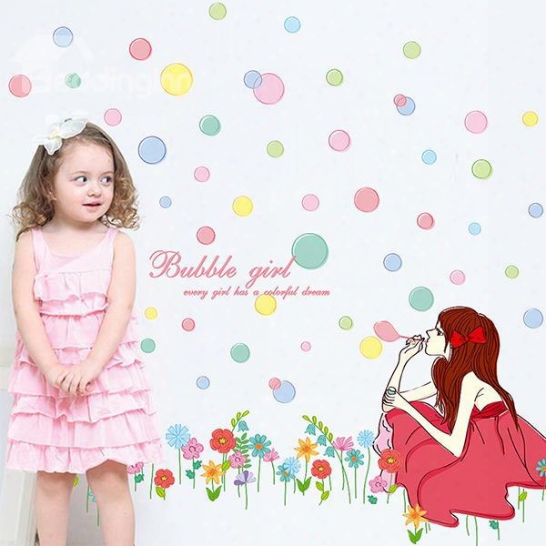 Beautiful Young Girl Blow Bubbles Removable Wall Sticker