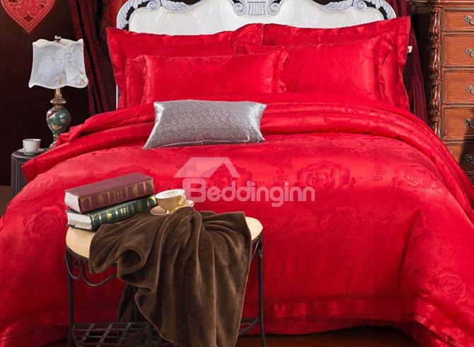 Bright Red Romantic Big Flowers Jacquard 4-piece Bamboo Fabric Bedding Set
