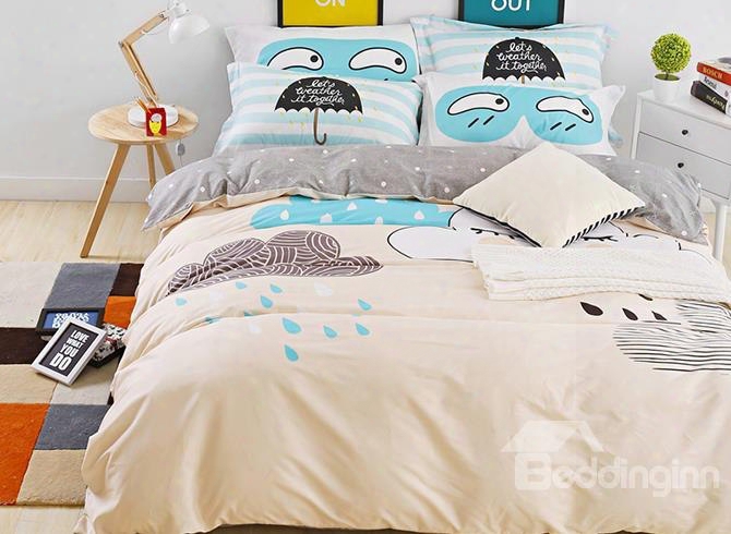 Cartoon Expression And Rains Printed Cotton 4-piece Bedding Sets/duvet Cover