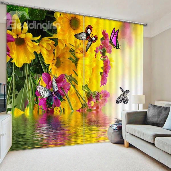 Colored Butterflies Flying Around Beautiful Flowers Print 3d Blackout Curtain