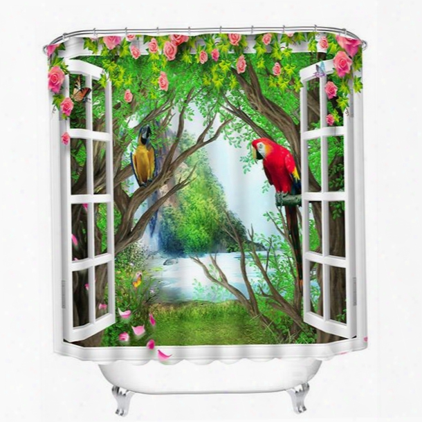Colored Parrots Standing On The Tree Out Of Thew Indow Print 3d Bathroom Shower Curtain