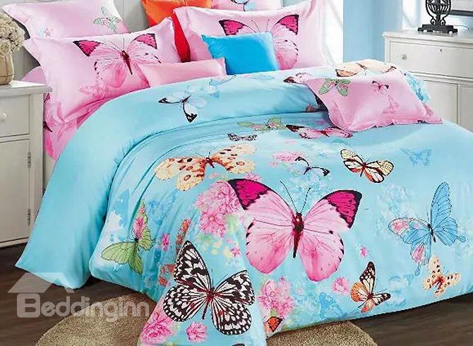 Colorful Flying Butterflies Printing Satin 4-piece Blue Bedding Sets/duvet Cover