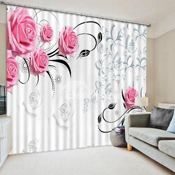 Concise Charming Pink Roses Printed Living Room Custom 3d Curtain