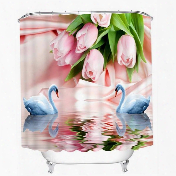 Couple White Swans With Love In Front Of The Pink Roses Print 3d Bathroom Shower Curtain