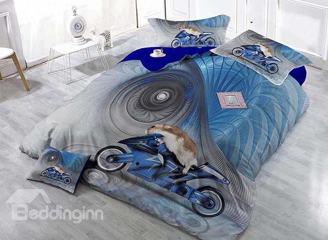 Creative Animal Driving Moto Print Blue Satin Drill 4-piece Duvet Cover Sets