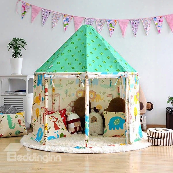 Cute Animals Green Hex-angular Cotton Cloth Kids Indoor Tent