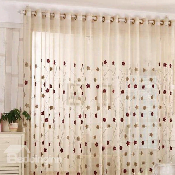 Decorative Polyester White Sheer And Small Flowers Embroidered 2 Panels Custom Sheer Curtain