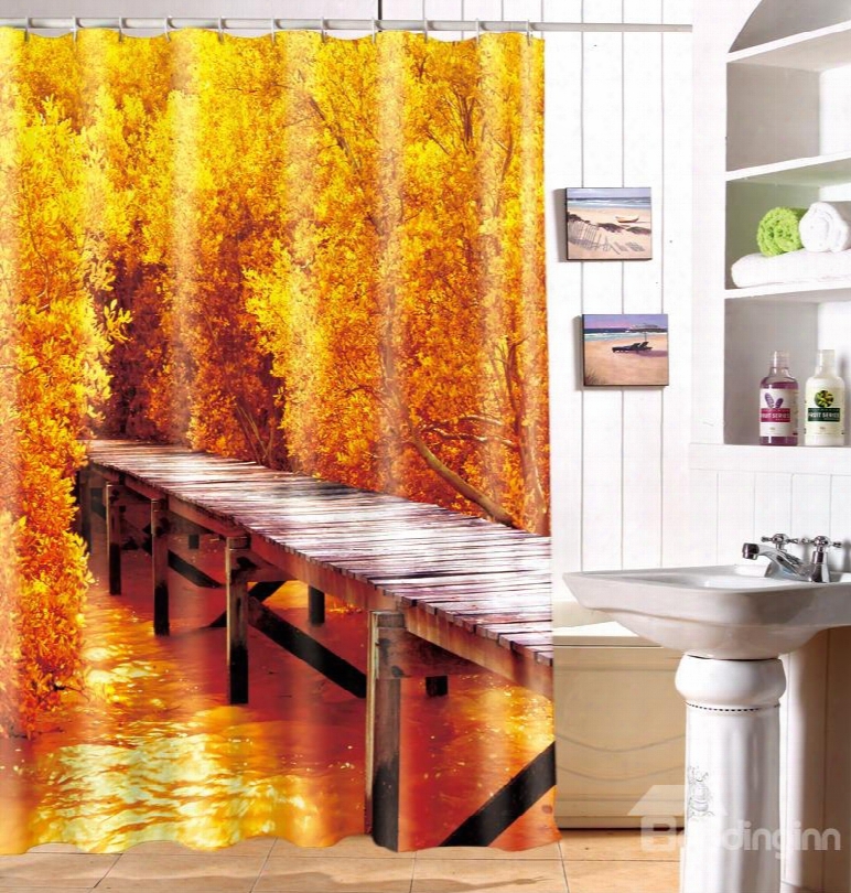 Dreamlike Fall Wooden Bridge Print Polyseter Fabric 3d Shower Curtain