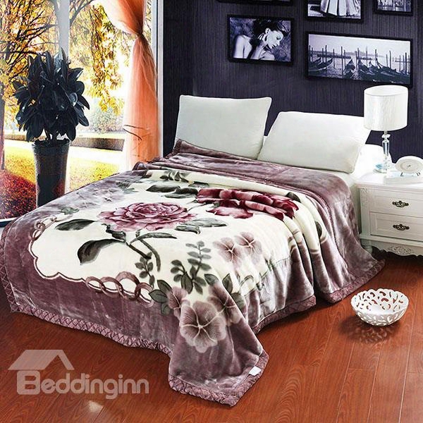 Elegant Flowers Printed Vintage Style Raschel Blanket