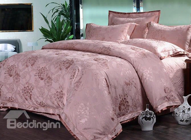 Elegant Soft Pink Peonies 4-piece Jacquard Bamboo Fabric Bedding Set