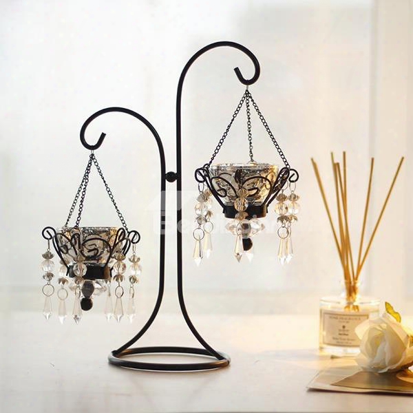 Fantastic Iron Artwork Crystal Pendant 2-head Candle Holder