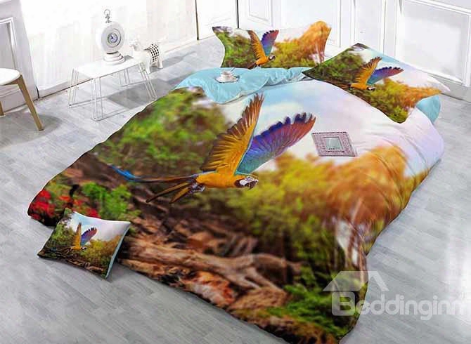 Flying Parrot Print Satin Drill 4-piece Duvet Cover Sets