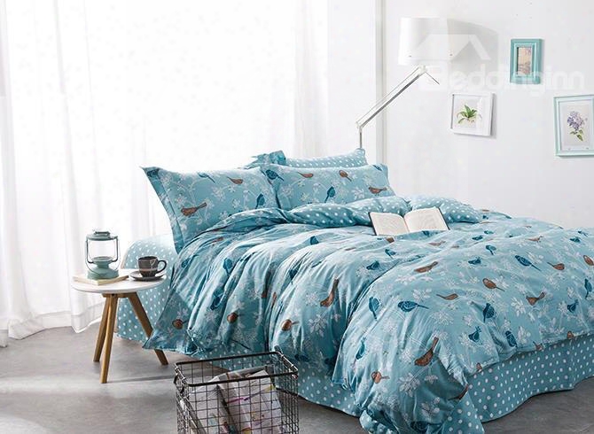 Full Size Cartoon Birds Print Blue Cotton 4-piece Bedding Sets/duvet Cover