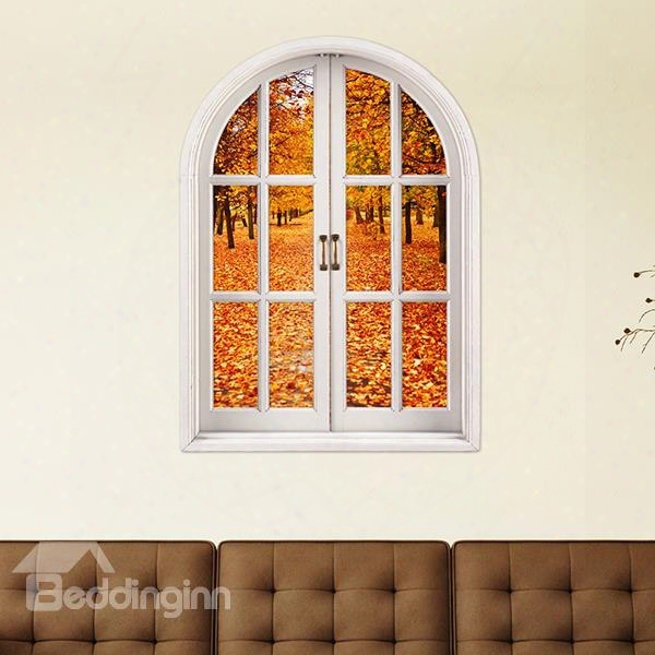 Golden Maple Tree And Leaves Window View Removable 3d Wall Sticker