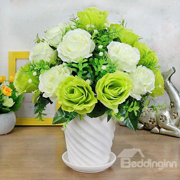 Gorgeous 18pcs French Roses With Ceramic Vase Artificial Flower Sets