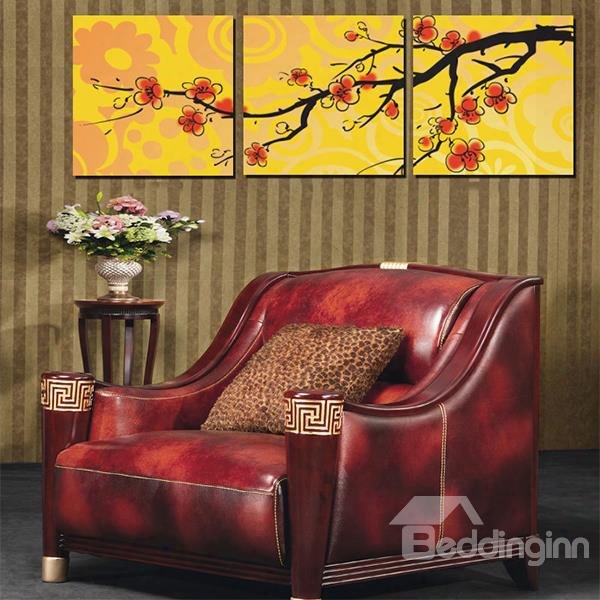 Gorgeous Branch Of Plum Flowers Canvas 3-panel Wall Art Prints