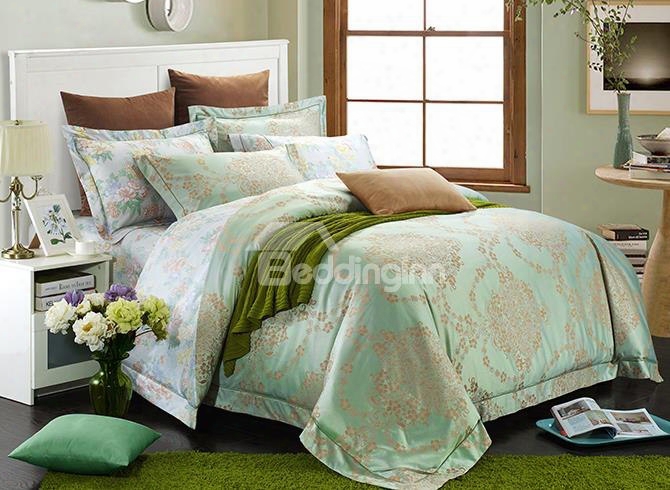 Graceful Pale Green Floral Jacquard 4-piece Bamboo Fabric Bedding Set