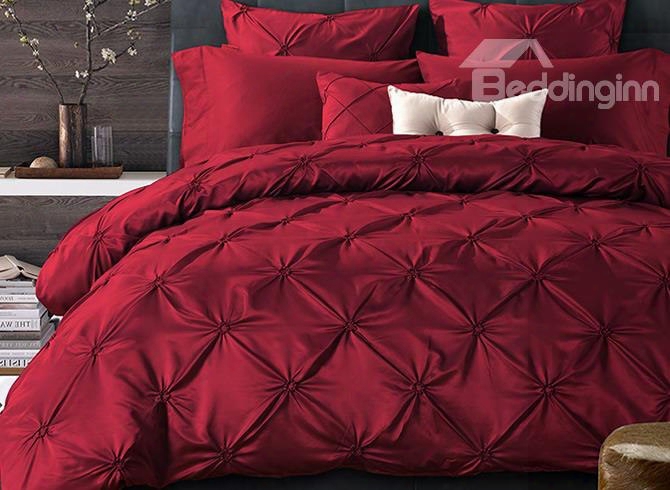Graceful Pinch Pleat Red Luxury Style 4-piece Cotton Bedding Sets/duvet Cover