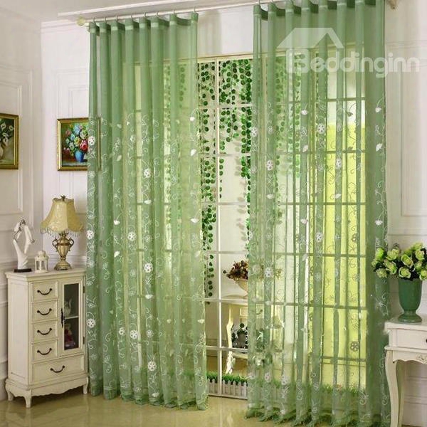 Green Cambric With White Flowers Embroidery Custom Sheer Curtain