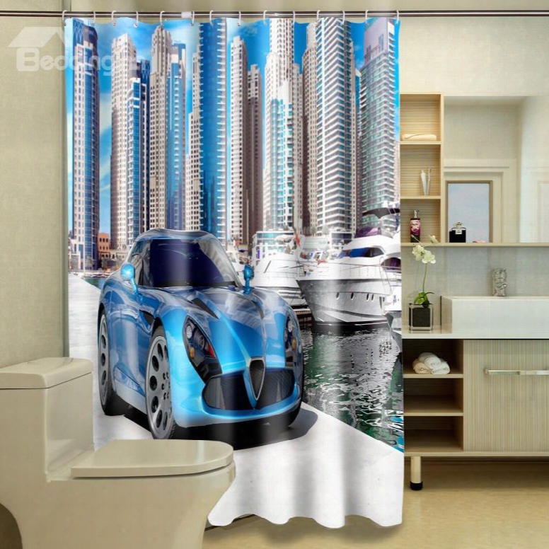 High Quality Modern Building And Luxury Car 3d Shower Curtain