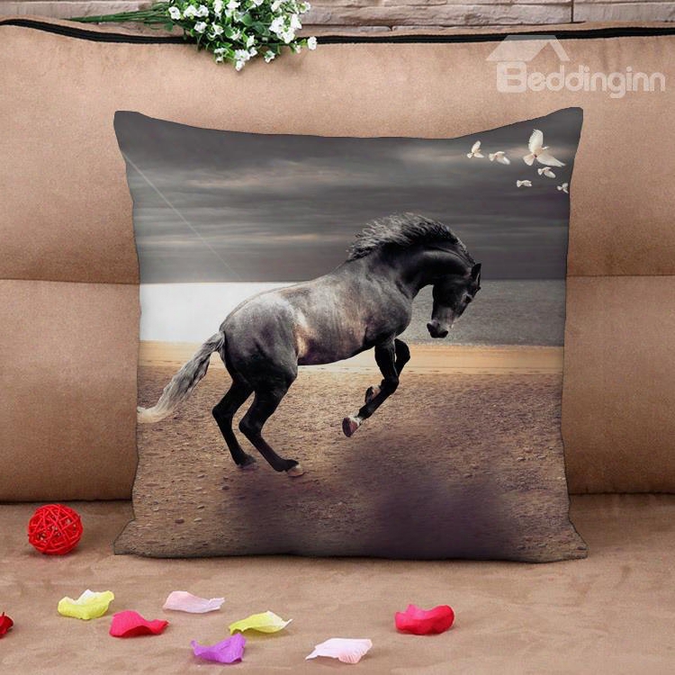 Lifelike Black Horse At The River Cotton Throw Pi Llow Case