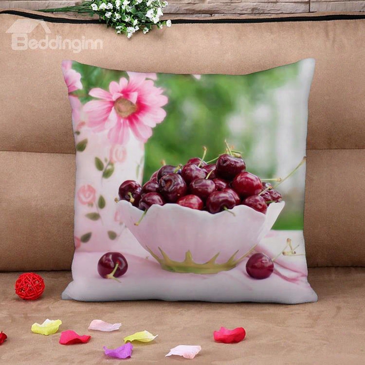 Lifelike Flowers And Cherry Fresh Style Cotton Throw Pillow Case