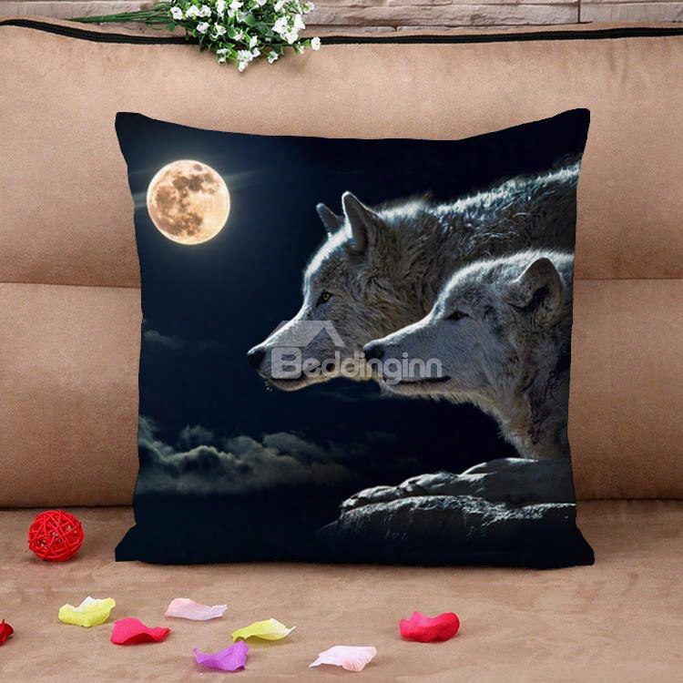 Lifelike Wolves Under The Moon Cotton Throw Pillow Case