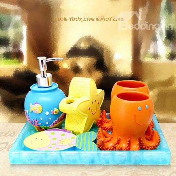 Lovely Cartoon Starfish And Octopus Pattern Five Pieces Bathroom Accessories