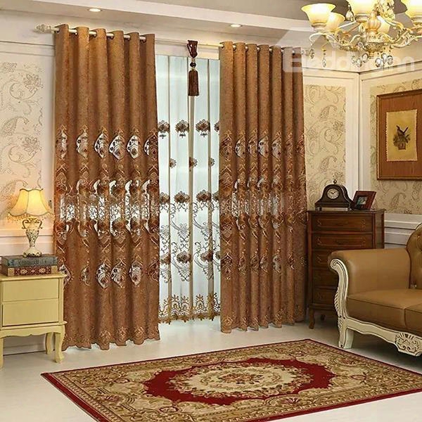 Luxurious Chenille Embroidery Grommet Top Curtain Panel