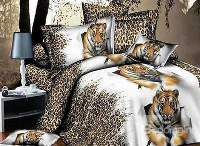 Lying Tiger With Leopard Background Print 4-piece Polyester 3d Duvet Cover