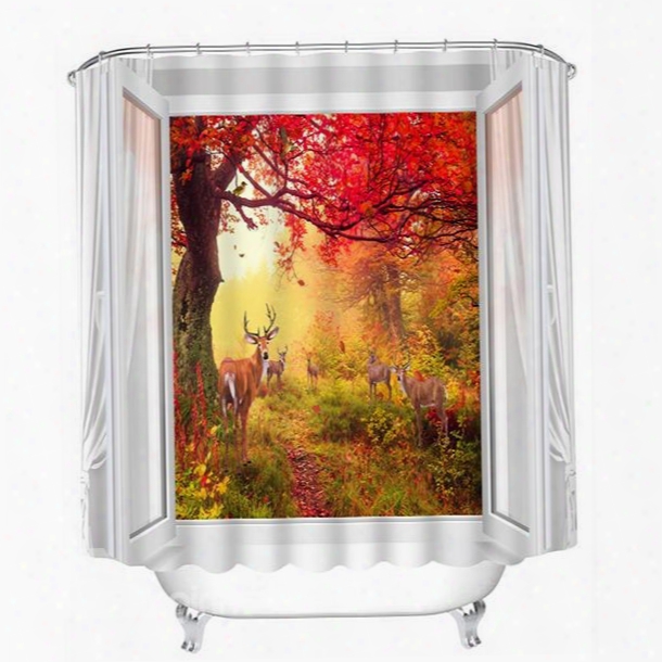 Magic Red Tree And Lovely Deer Print 3d Bathroom Shower Curtain