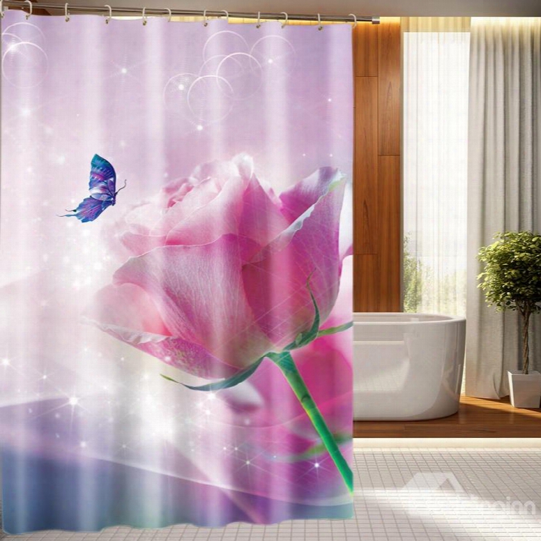 Magnificent Big Pink Rose And Butterfly 3d Shower Curtain