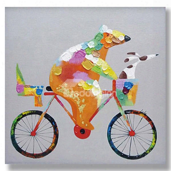 Modern Abstract Cute Bicycling Bear Oil Painting