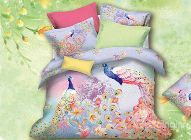 New Arrival 100% Cotton Colorful Peacock Print 4 Piece Bedding Sets
