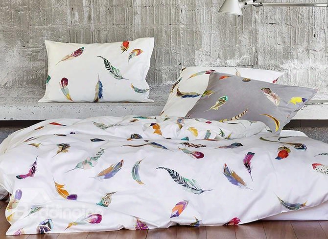 New Style Colorful Feather Pattern 4-piece Cotton Duvet Cover Sets