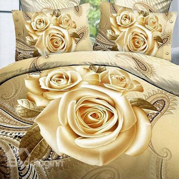 New Style Lifelike Golden Rose Print Cotton 2-piece Pillow Cases