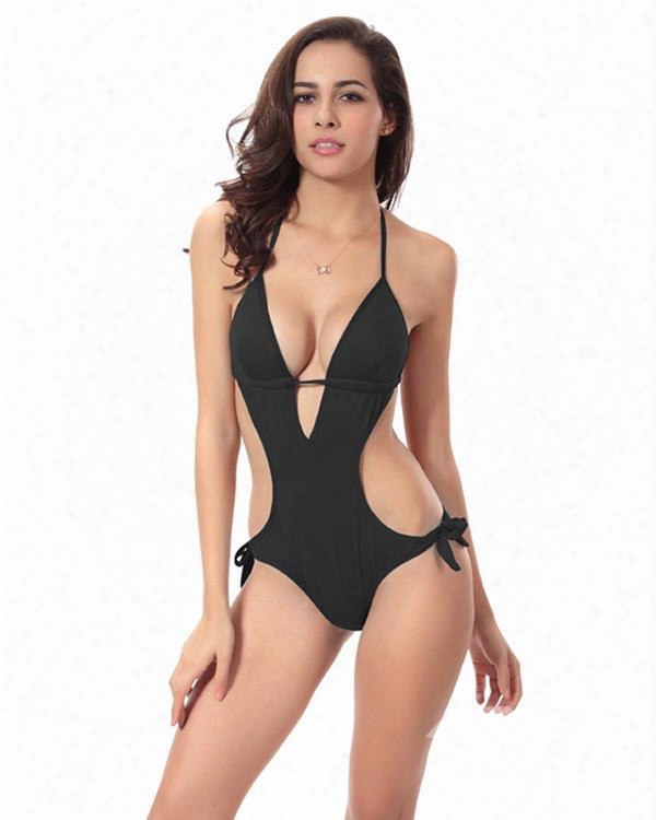 New Style Solid Color Monokini Pierced One-piece Swimwear Set