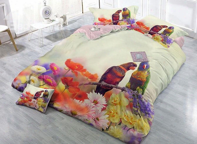 Parrots And Flowers Digital Printing High Density Satin Drill 4-piece Duvet Cover Ets