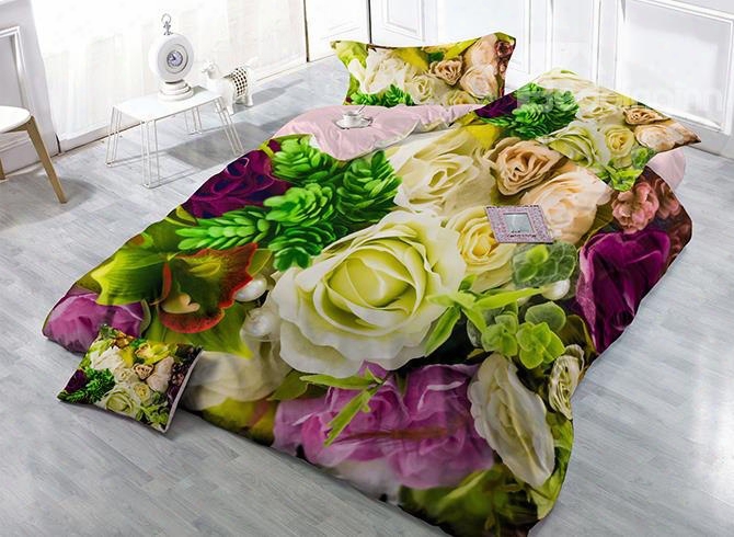 Pastoral Romantic Flowers Print Satin Drill 4-piece Duvet Cover Sets