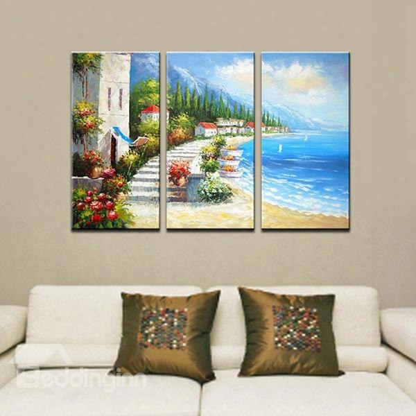 Picturesque Hand-paint Mediterranean Beach 3-panel Framed Wall Art Prints